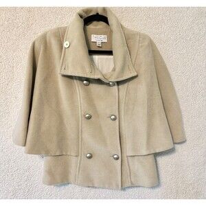 The Cue Cher QU Anthropologie Cashmere Large Coat Cape Jacket Beige Gold Buttons